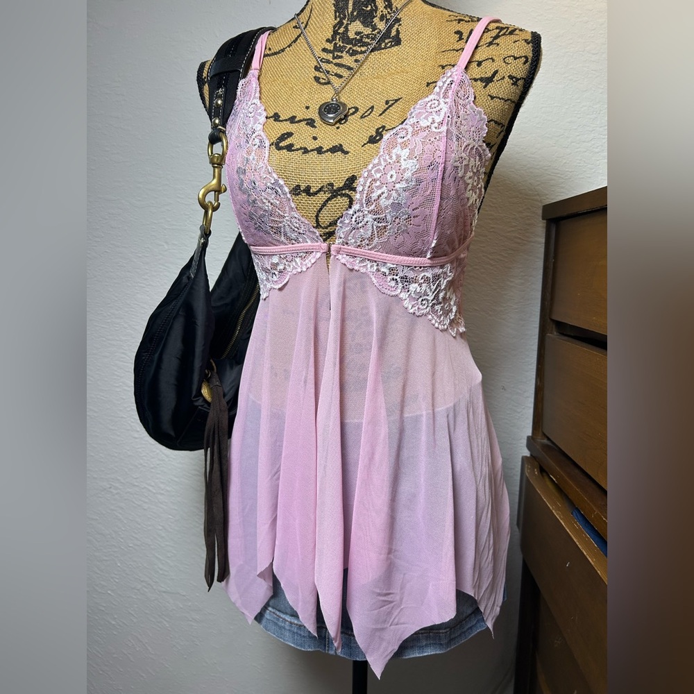 Adome women’s pink lace asymmetrical babydoll style slip dress lingerie